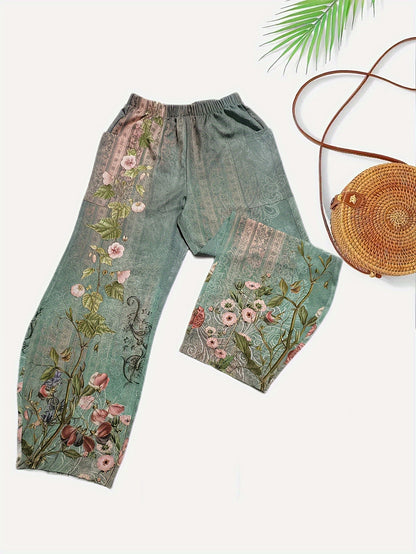 Green floral printed high-waist wide-leg casual pants for women