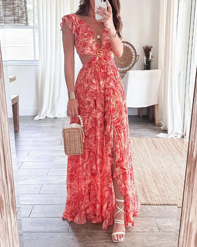 Women's Maxi Dress - Plunging V-Neck - Ruffled Sleeves - Cut-Out Waist - Flowy A-Line