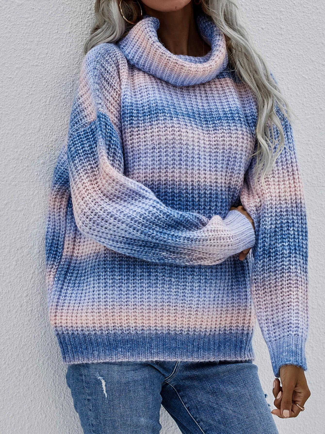 Women's rainbow ribbed turtleneck sweater with drop shoulders