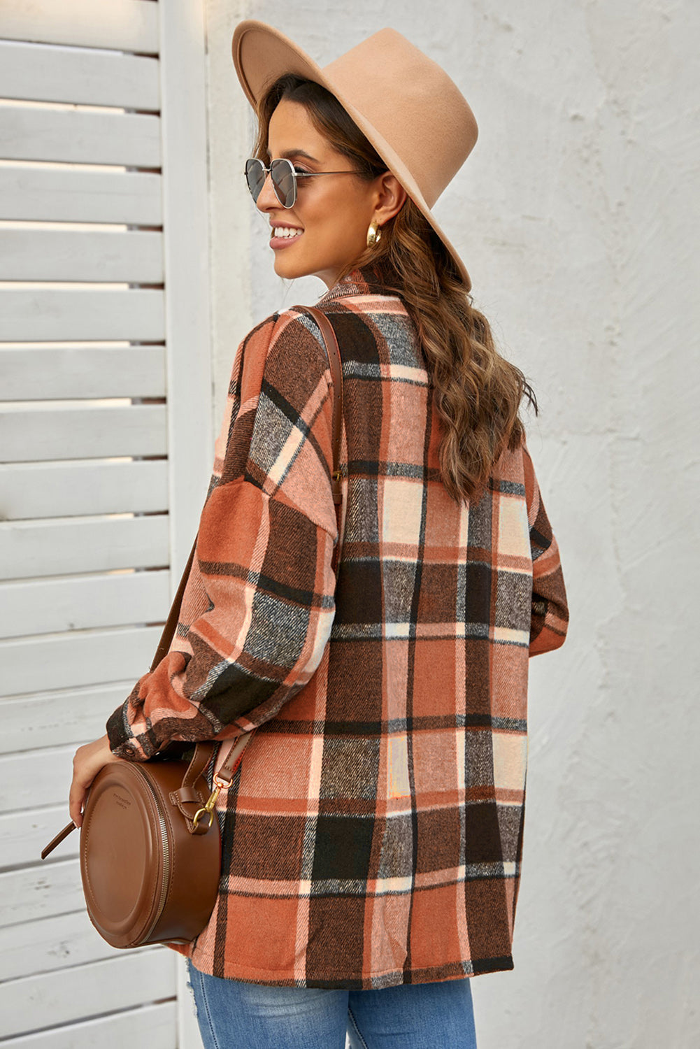 Plaid long-sleeved cardigan coat with lapel collar for women