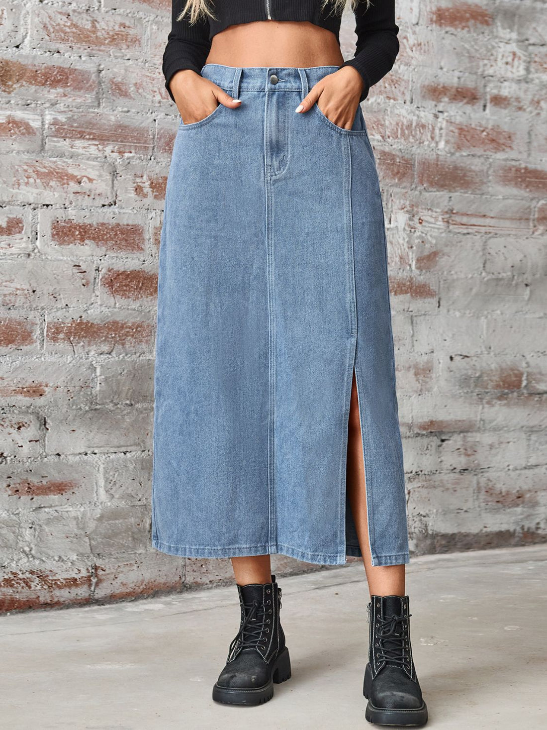 Naomi - slit high waist denim skirt with pockets