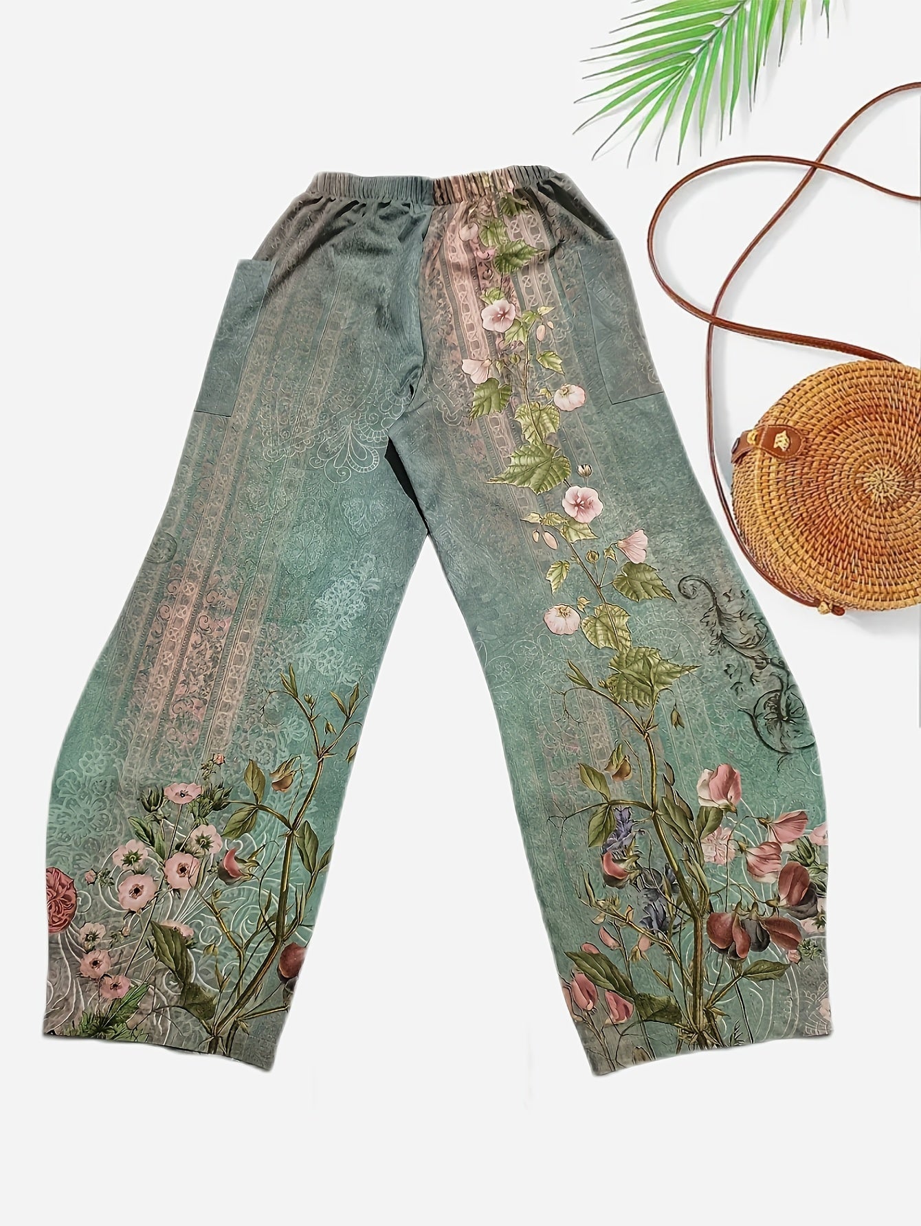 Green floral printed high-waist wide-leg casual pants for women