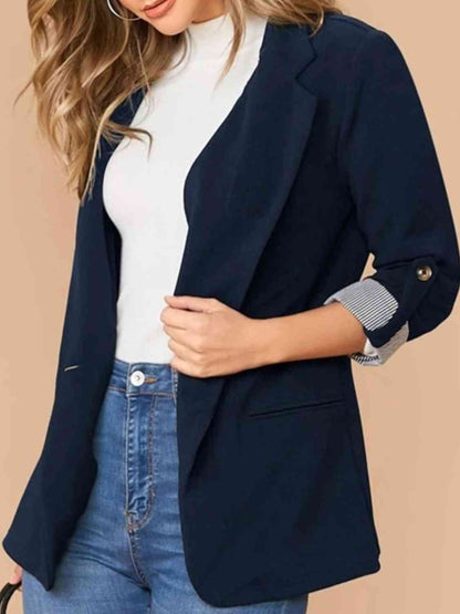 Women's Tailored Blazer - Notched Lapel - Three-Quarter Roll-Tab Sleeves - Open Front