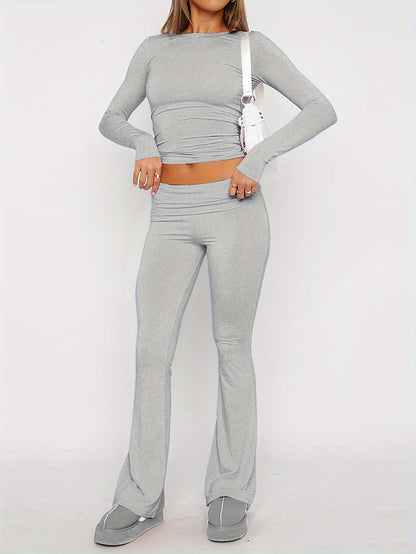 Women’s Two-Piece Set - Long-Sleeve Crew Neck Top & Flared Pants - Slim Fit Casual Wear
