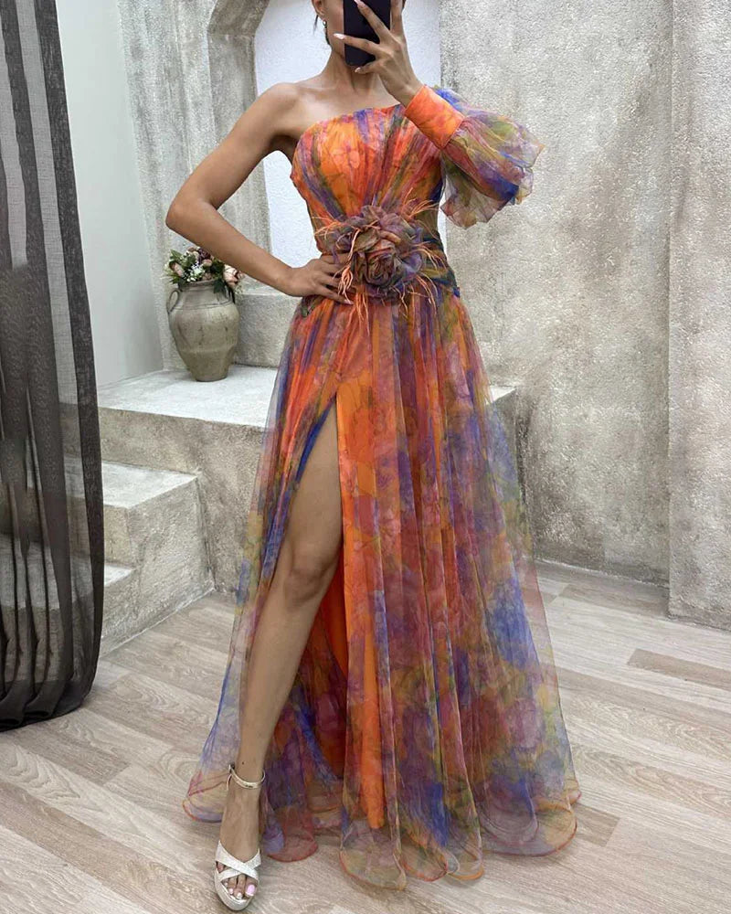 Women's Evening Gown - One-Shoulder Long Sleeve - High Slit Flowing Design - Formal Wear