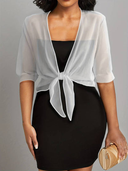 Women's Bolero Jacket - Open Front Tie Closure - Three-Quarter Sleeve Layering Piece