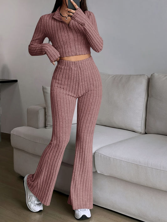 Ribbed Zip-Up Crop Top and Flared Pants Set