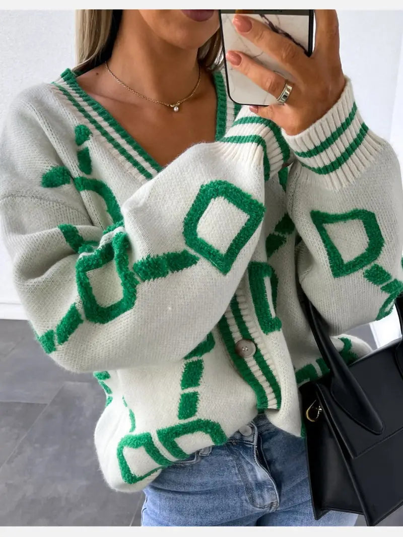 Women's color block letter button-down knit sweater