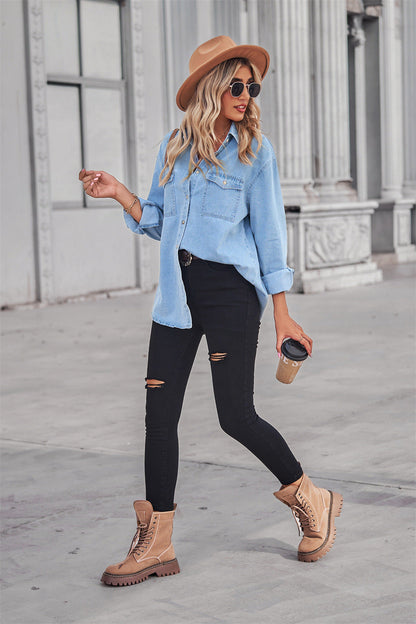 Women's Denim Shirt - Relaxed Fit - Button Down - Long Sleeve - Chest Pockets