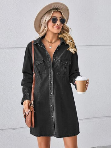 Leeda - denim pocketed long sleeve dropped shoulder mini dress