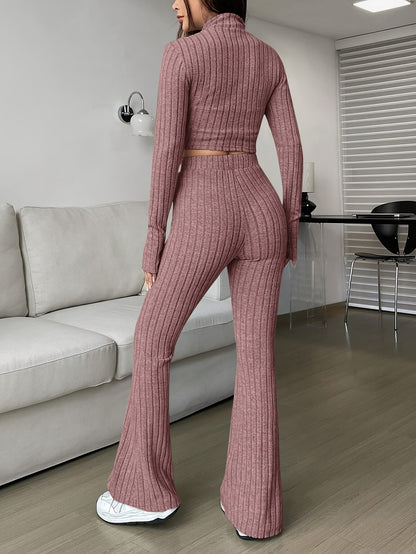 Two-piece ribbed zip-up cropped jacket and flared pants lounge set for women