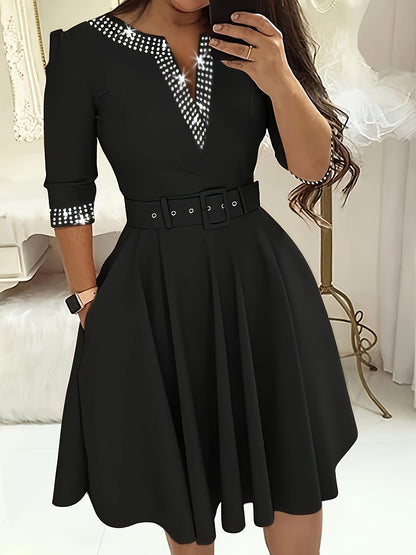 Women's V-Neck A-Line Dress – 3/4 Sleeve – Embellished Details – Belted Waist