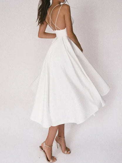 Women's Halter Neck Dress - Crisscross Back - Fitted Waist - Flowing Midi Skirt