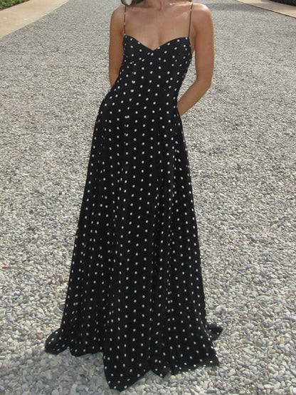 Polka dot V-neck sleeveless backless long dress for women