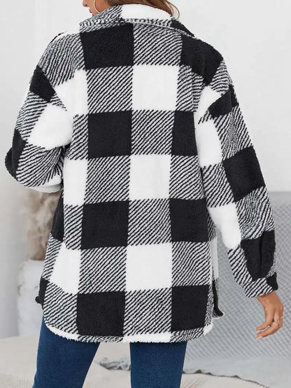 Women's plaid lapel long plush jacket coat