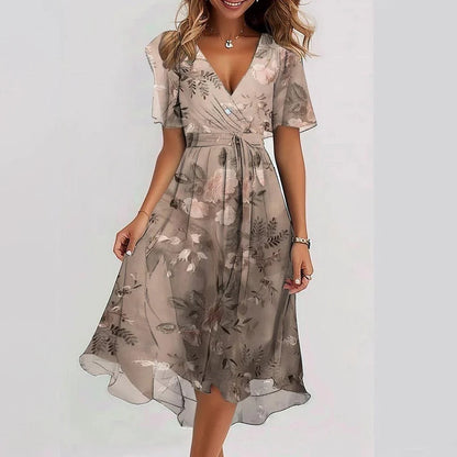 Women's A-Line Wrap Dress - Short Flutter Sleeve - V-Neck - Lightweight Elegant Fit