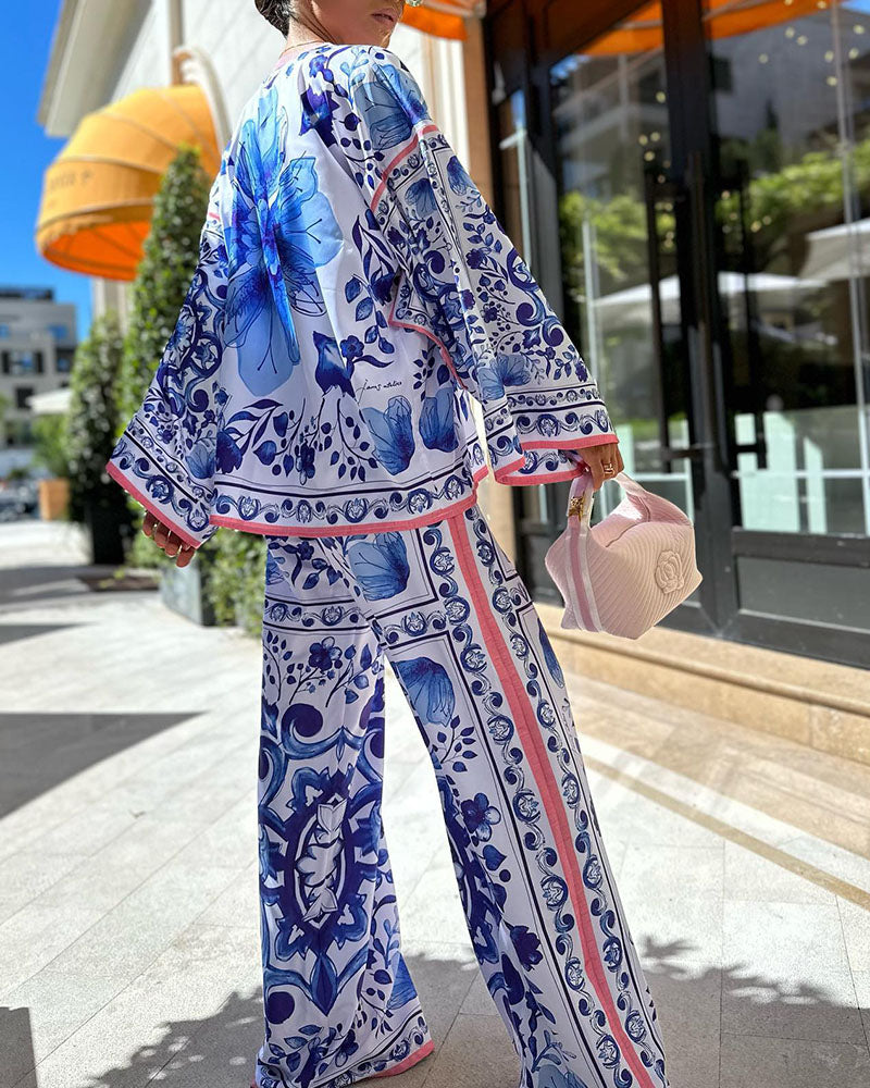 Women's blue and white porcelain print casual two-piece set