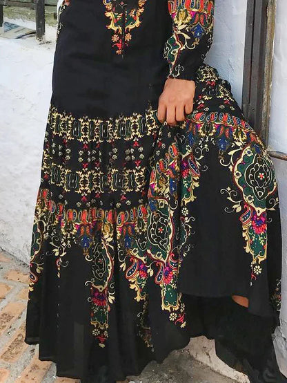 Women's Maxi Dress - Bohemian Print - Long Sleeve - Scoop Neck - Flowy Relaxed Fit