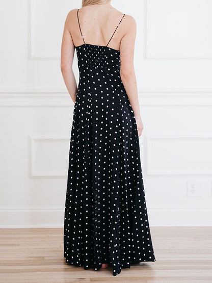Polka dot V-neck sleeveless backless long dress for women