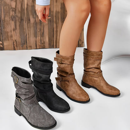 Women's retro charm slouchy buckle strap western ankle boots