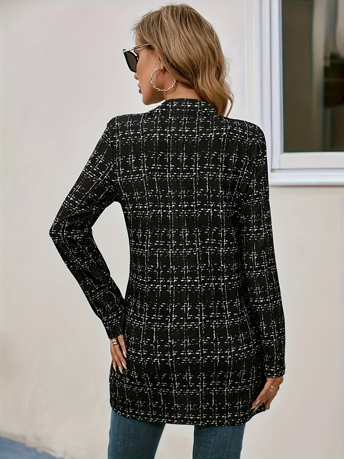 Black open-front textured blazer jacket for women