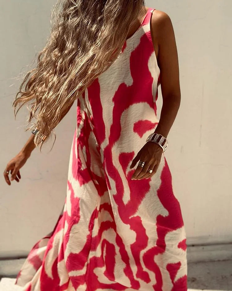 Women's Sleeveless Maxi Dress - Flowing Fit - Abstract Print - Round Neck Casual Wear