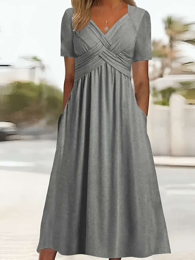 Women's V-Neck Dress - Elegant A-Line - Short Sleeve with Pockets - Flowy Fit