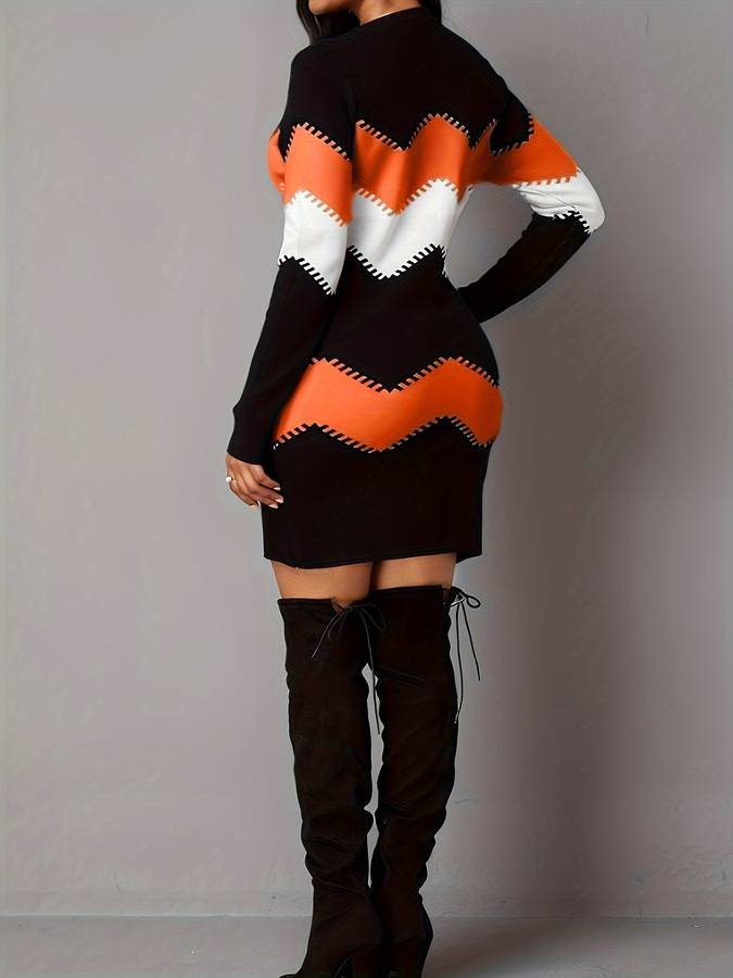 Women's Bodycon Mini Dress - Long Sleeve - Stretch Fabric - Zigzag Pattern