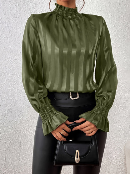 Women's Blouse - High Smocked Neck - Long Sleeve Ruffle Cuffs - Glossy Finish