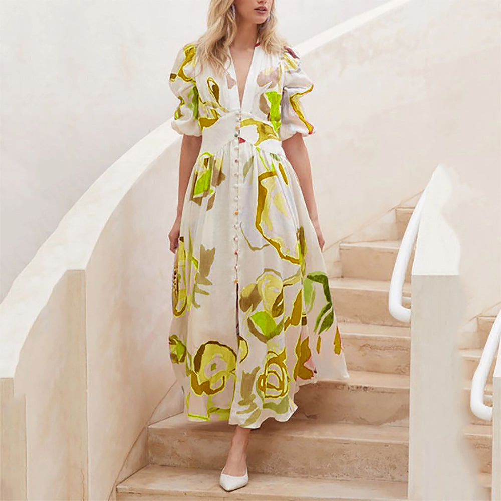 Women's Maxi Dress - V-Neck Button-Down - Puff Sleeve A-Line Flowy Print