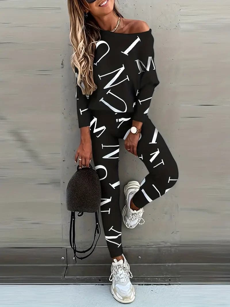 Women's casual letter print long sleeve pants set