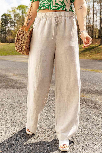 Women's Wide-Leg Pants - Cotton Linen Blend - Elastic Drawstring Waist - Relaxed Fit