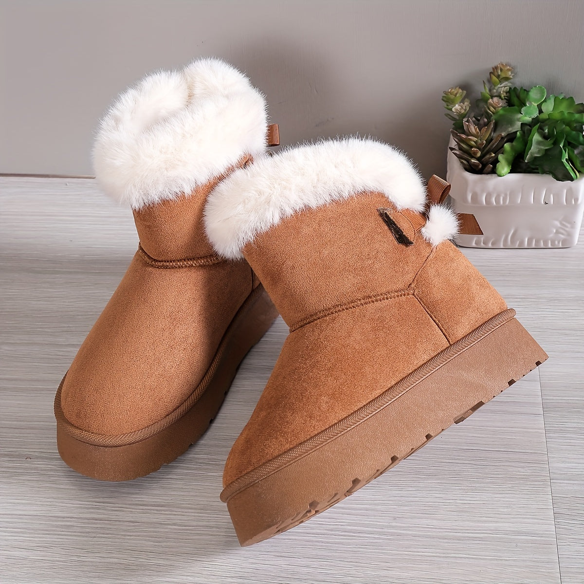 Women's stylish mid-top fleece and padded plush boots with bow knot