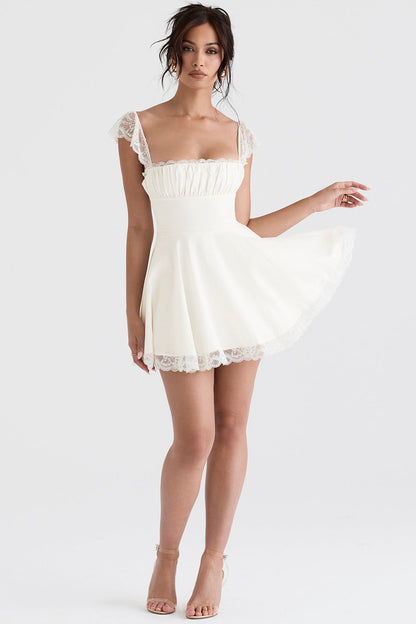 Women's Dress - Square Neck - Lace Trim - A-Line Silhouette - Elegant & Flattering