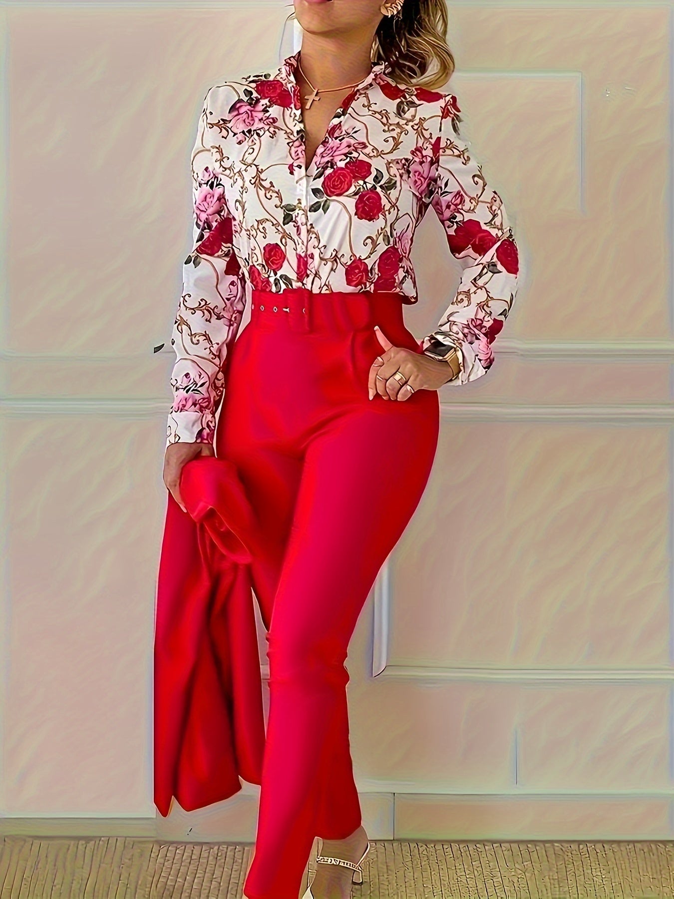 Floral printed long-sleeve shirt and high-waist pants set for women