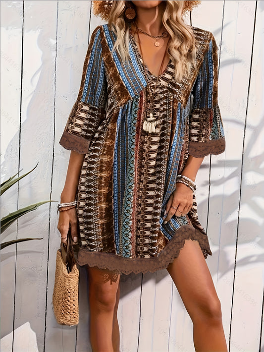 Striped Lace Trim Bohemian Mini Dress