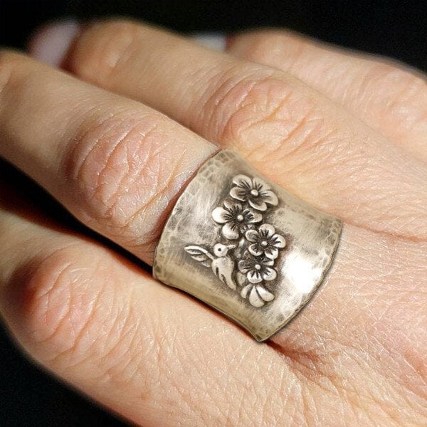 Bird and flower wide band ring