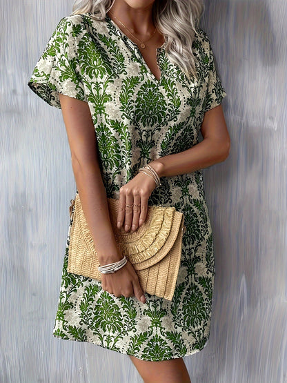 Women's Midi Dress - Short Sleeve V-Neck - Relaxed Fit Casual Floral Print