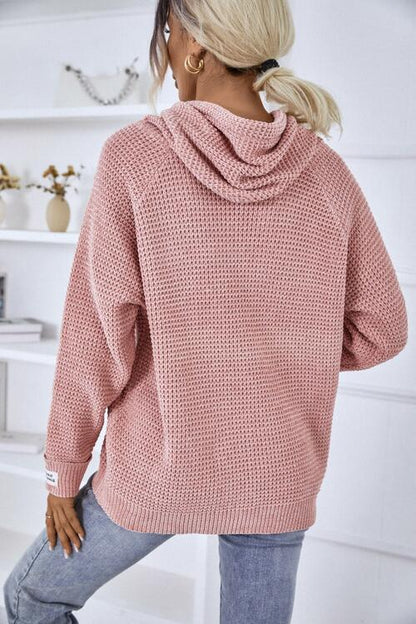 Women’s Knitted Hoodie - Relaxed Fit - Ribbed Cuffs & Hem - Drawstring Hood Casual Style