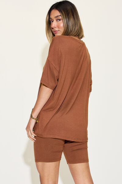 Women's v-neck drop shoulder short sleeve t-shirt and shorts set