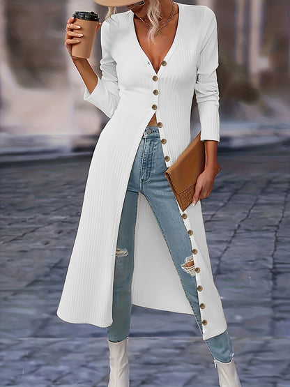Women's Long Cardigan - Ribbed Knit - Button-Front V-Neck - Tailored Fit