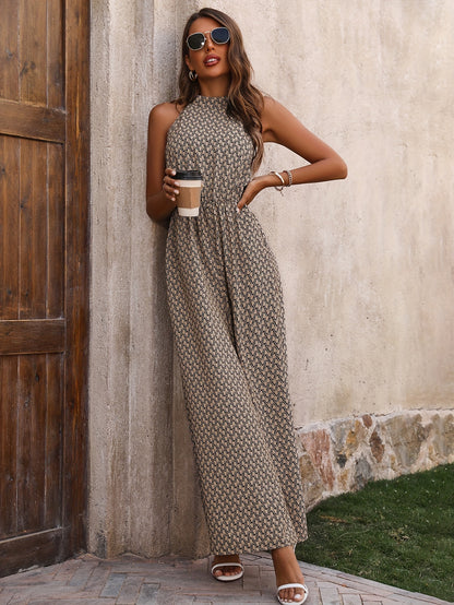 Women's Jumpsuit - Halter Neck - Wide Leg - Sleeveless Fitted Waist - Printed Design
