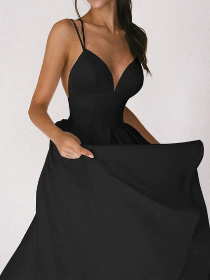 Women's Halter Neck Dress - Crisscross Back - Fitted Waist - Flowing Midi Skirt