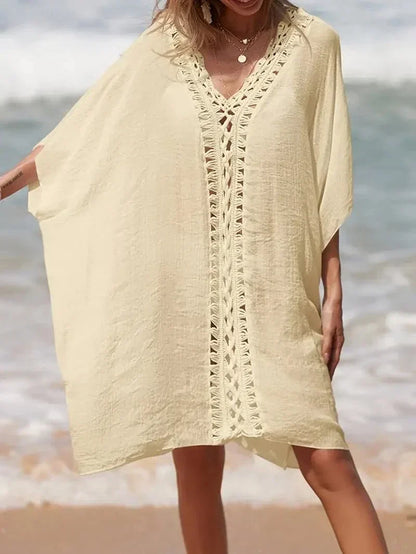 Women’s Kimono Cover-Up – Relaxed Fit – Natural Fibers – Lace Trim – Short Sleeve