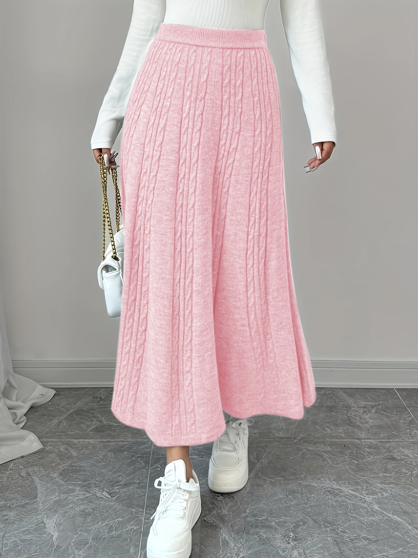 High-waist cable knit maxi skirt with a-line silhouette for women