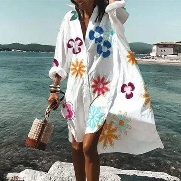 Women’s Shirt Dress - Loose Fit - Long Sleeve Button Down - Casual Beachwear