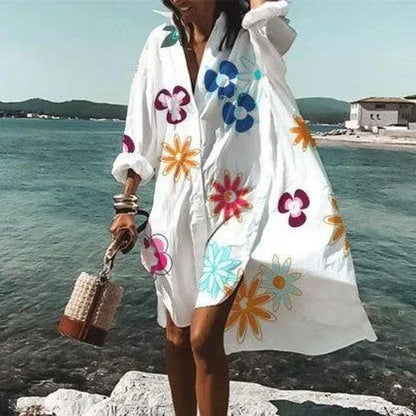 Women’s Shirt Dress - Loose Fit - Long Sleeve Button Down - Casual Beachwear