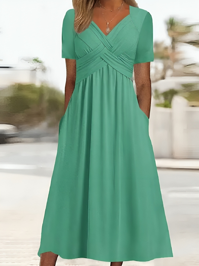 Women's V-Neck Dress - Elegant A-Line - Short Sleeve with Pockets - Flowy Fit