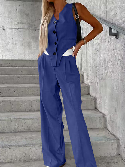 Two-piece wide-leg pants set with sleeveless button-up vest for women