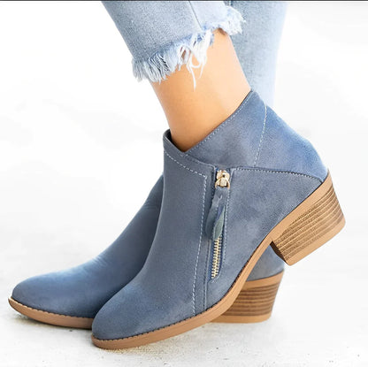 Women's short boots side zipper thick heel pointed toe
